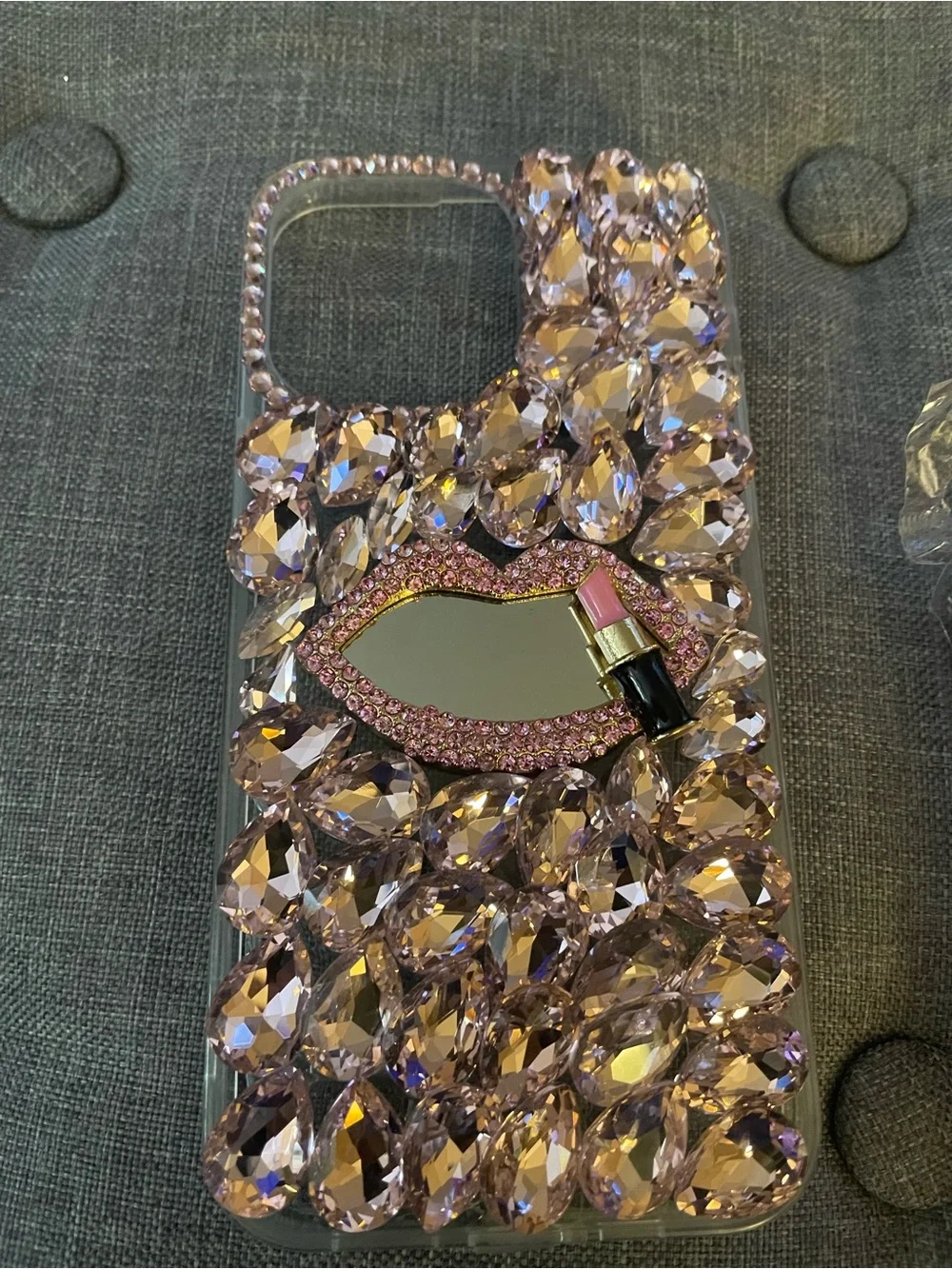 Pink Crystal Lip Mirror Phone Case with Lipstick Charm